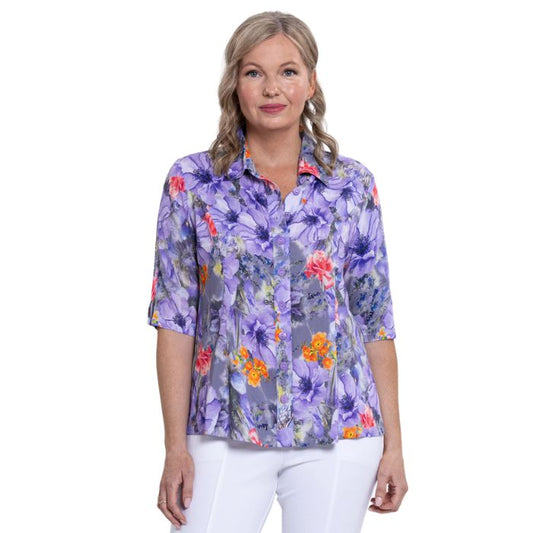 model wearing violet bloom print lorine blouse front view on whitte background