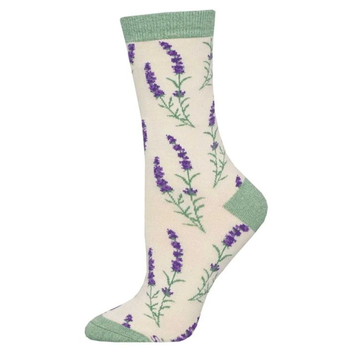 lovely lavender sock ivory white crew sock with sprigs of lavender print on white background