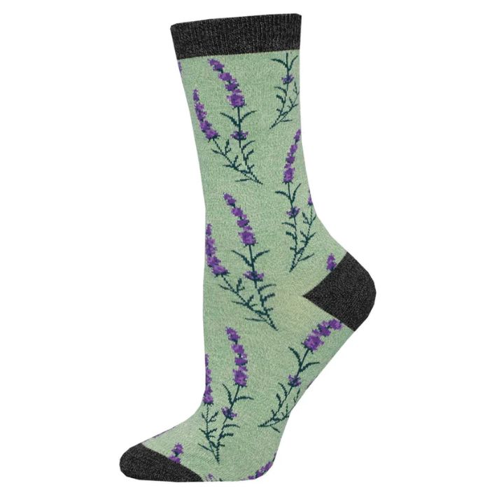 lovely lavender sock green crew sock with sprigs of lavender print on white background