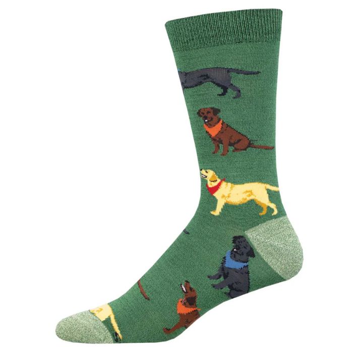 loving labradors sock, dark green crew sock with different types of labrador dog print on white background