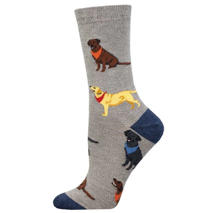 loving labradors sock, grey crew sock with different types of labrador dog print on white background