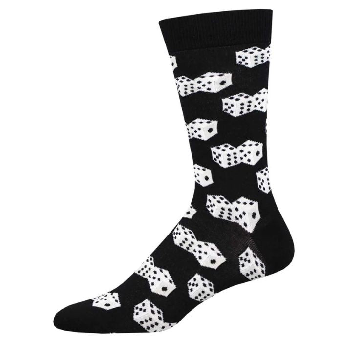 Lucky 75 sock black sock with dice print on white background
