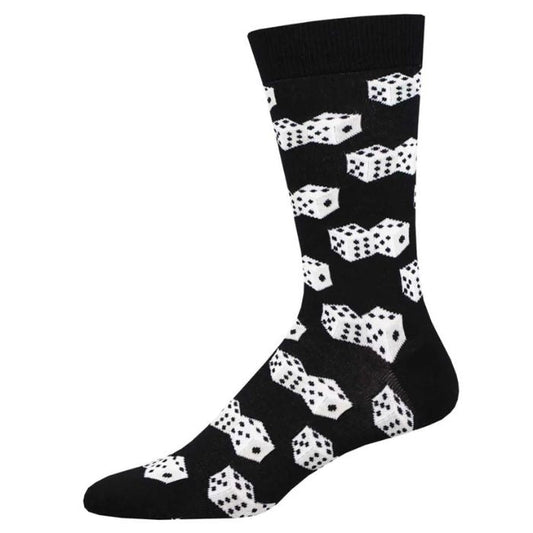 Lucky 75 sock black sock with dice print on white background