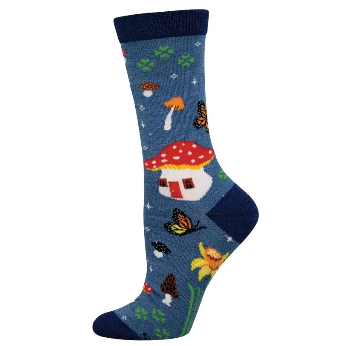 magical forest sock blue sock with colourful mushroom, flowers and butterflies print on white backround