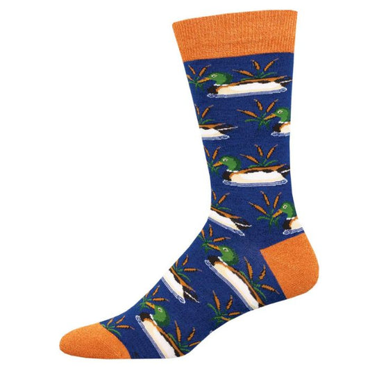Many mallard ducks sock navy heather blue sock with mallard duck print on white background