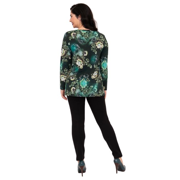 female model wearing teal miagic print margie top and black riley leggings back view on white background