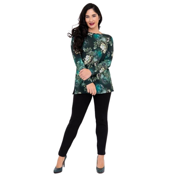 female model wearing teal miagic print margie top and black riley leggings front view on white background