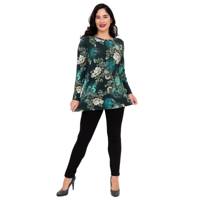 female model wearing teal miagic print margie top and black riley leggings front view on white background