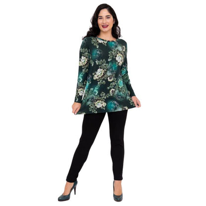 female model wearing teal miagic print margie top and black riley leggings front view on white background