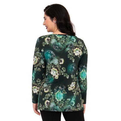 top half of female model wearing teal magic print margie tunic top back view on white background