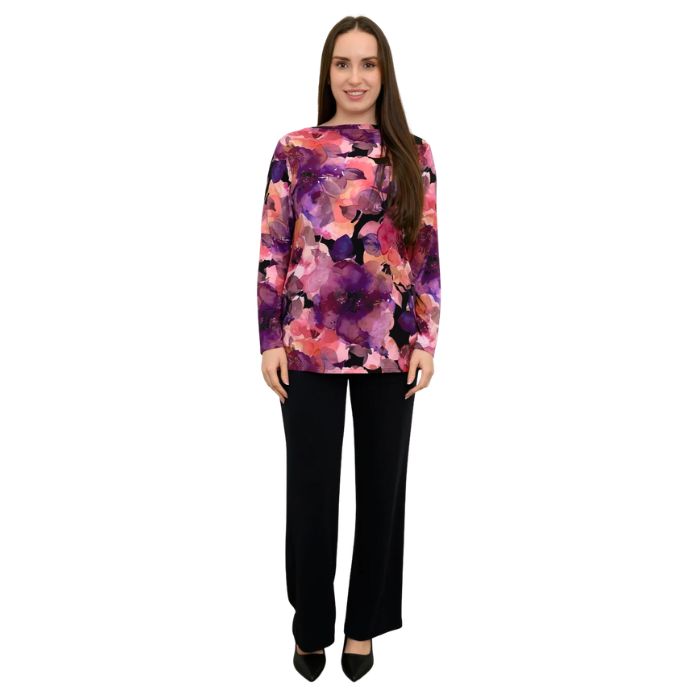 a woman wearing royale garden print margie top and black daya pants front view set on a studio white background