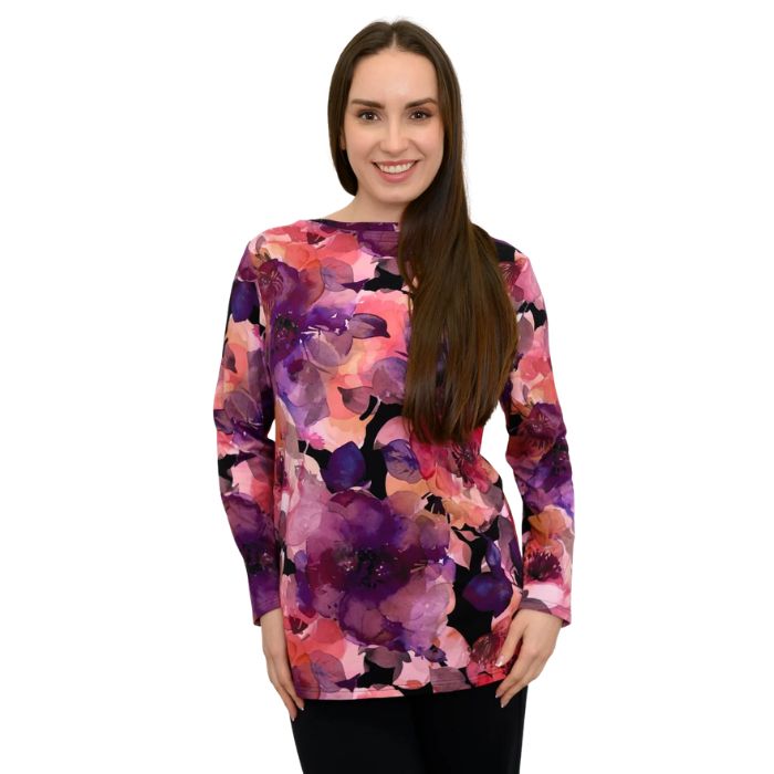 a woman wearing royale garden print margie top waist up front view set on a studio white background