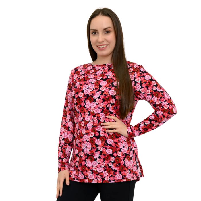 a woman wearing vermillion rose print margie top waist up front view set on a studio white background