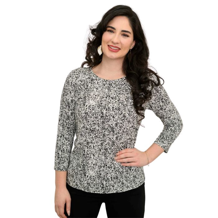 female model wearing rosette print margorie three quarter sleeve top front view on white background