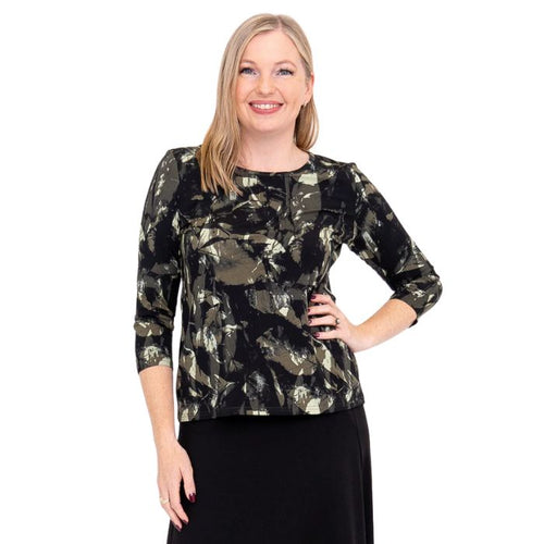 top of female model wearing margorie  khaki oak three quarter sleeve top print front view on white background
