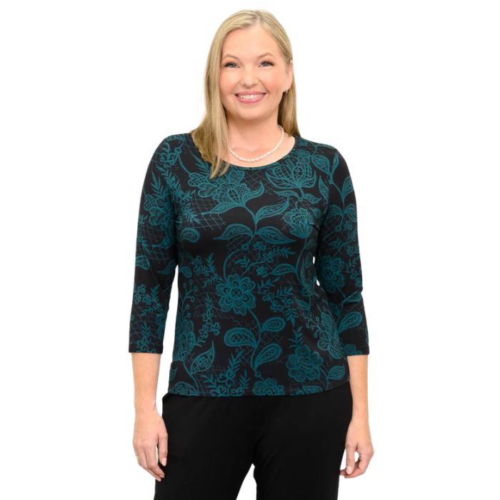 woman wearing margorie teal boscage print three quarter sleeve top front view set on a white background 