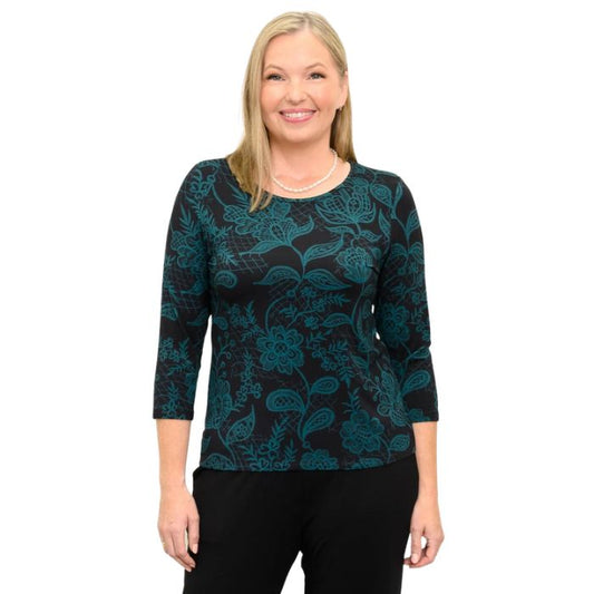 woman wearing margorie teal boscage print three quarter sleeve top front view set on a white background 