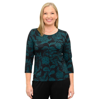 woman wearing margorie teal boscage print three quarter sleeve top front view set on a white background 