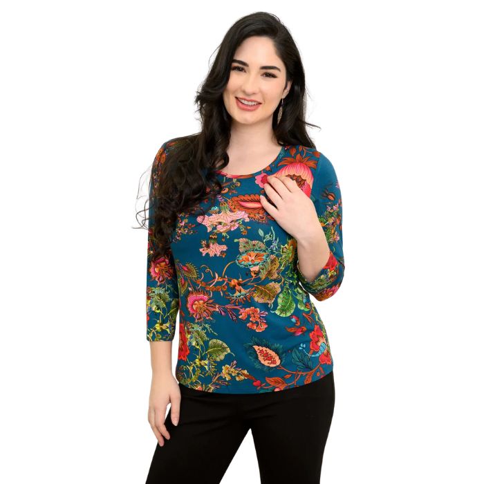 female model wearing teal fantasy print margorie three quarter sleeve top front view on white background