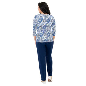 female model wearing margorie zesty print three quarter sleeve top and clair  indigo blue pants front view on white background