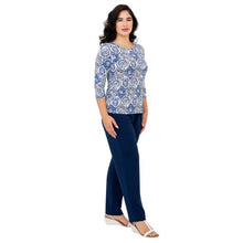 female model wearing margorie zesty print three quarter sleeve top and clair  indigo blue pants front view on white background
