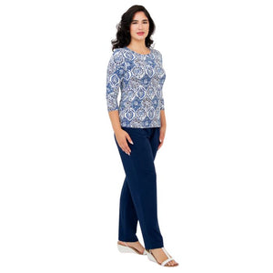 female model wearing margorie zesty print three quarter sleeve top and clair  indigo blue pants front view on white background