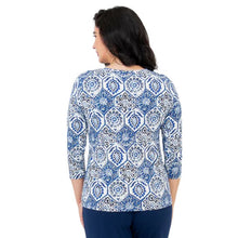 top of female model wearing margorie zesty print three quarter sleeve top back view on white background