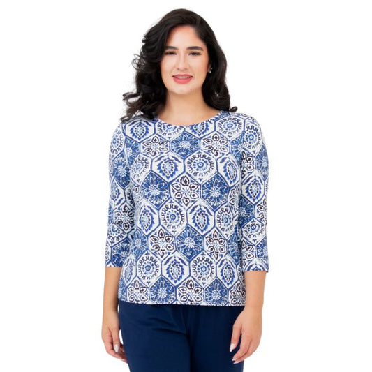 top of female model wearing margorie zesty print three quarter sleeve top front view on white background