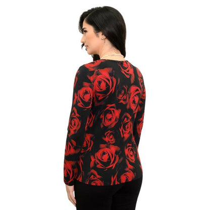 woman wearing mariah red rose print top back view set on a white background 