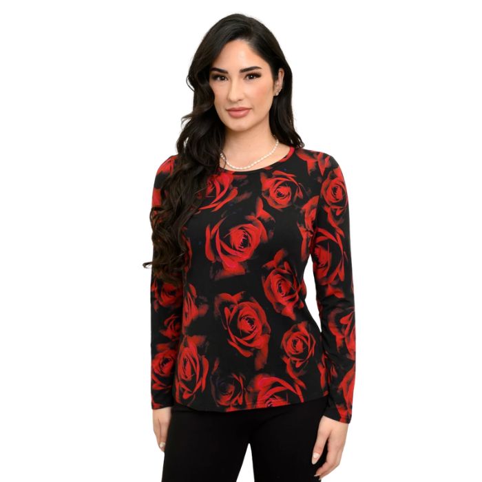 woman wearing mariah red rose print top front view set on a white background 