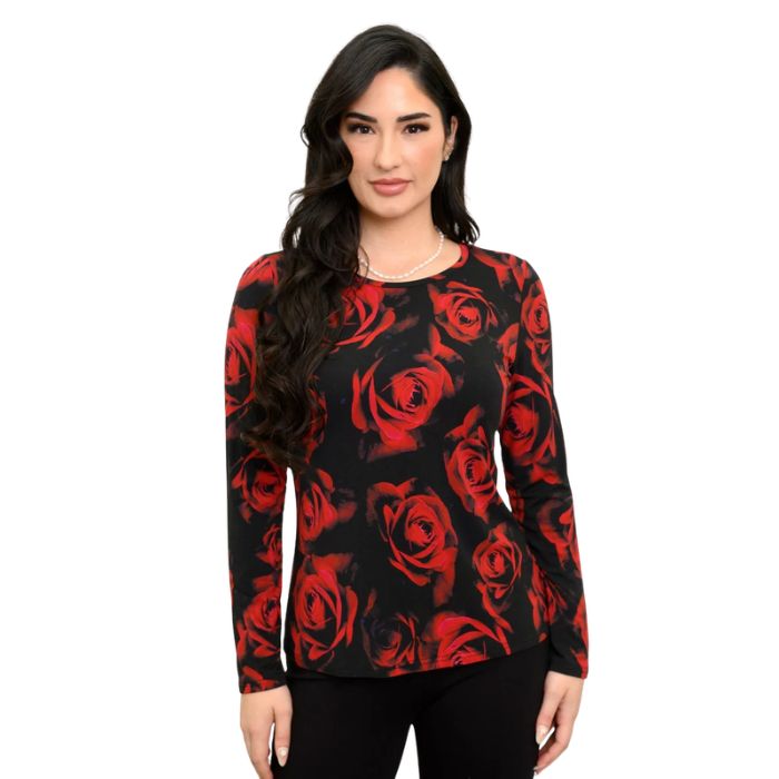 woman wearing mariah red rose print top front view set on a white background 