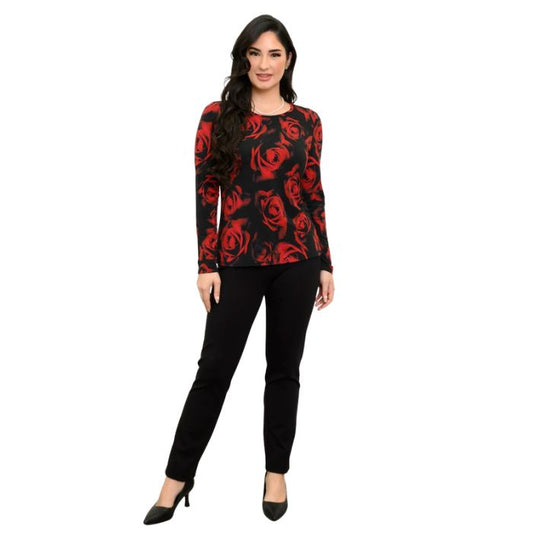woman wearing mariah red rose print top and black nadia pants front view set on a white background 
