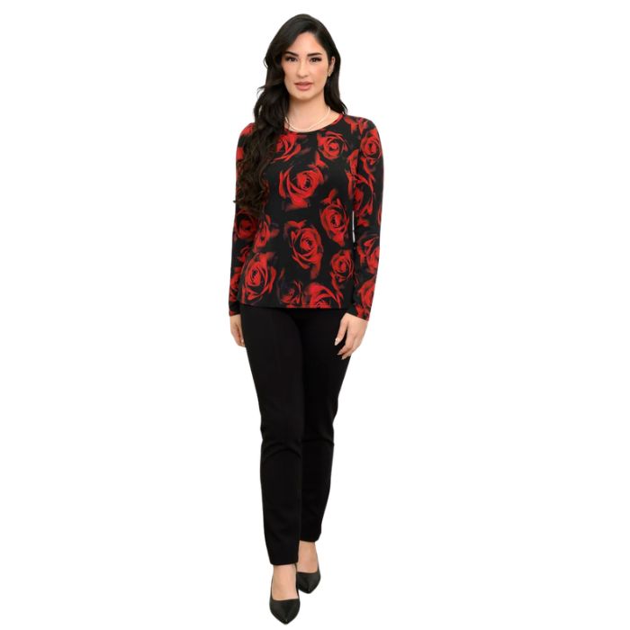 woman wearing mariah red rose print top and black nadia pants front view set on a white background 