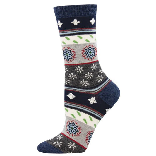 Marrakesh motif sock black crew socks with a variety of patterns and designs print on white background