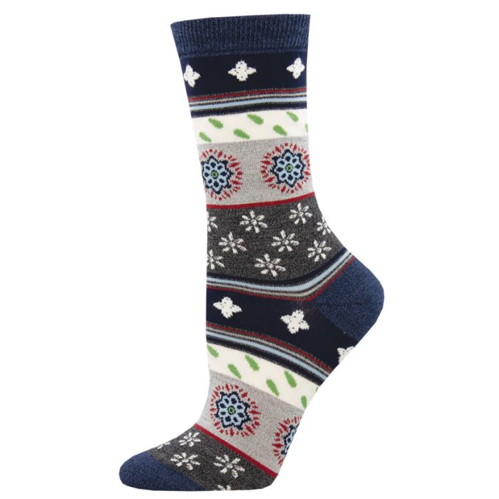 Marrakesh motif sock black crew socks with a variety of patterns and designs print on white background