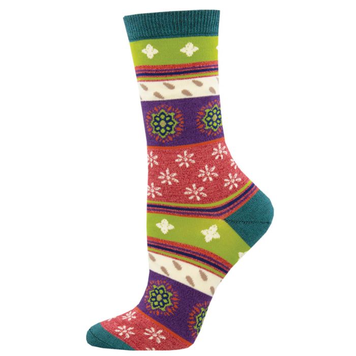 Marrakesh motif sock pink crew socks with a variety of patterns and designs print on white background