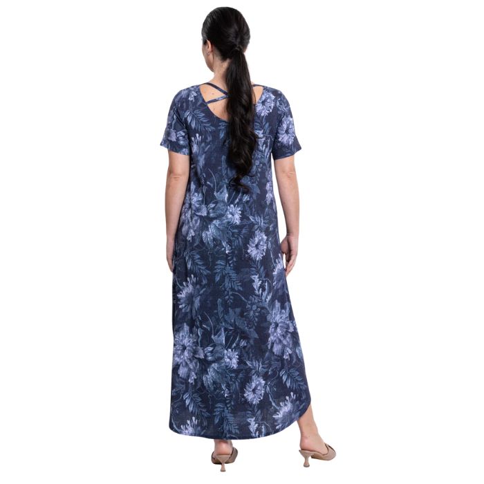 female model wearing indigo mood print  martha dress back view on white background