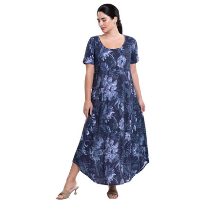 female model wearing indigo mood print  martha dress front view on white background