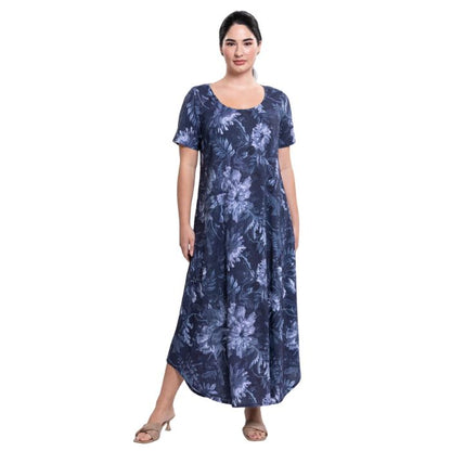female model wearing indigo mood print  martha dress front view on white background