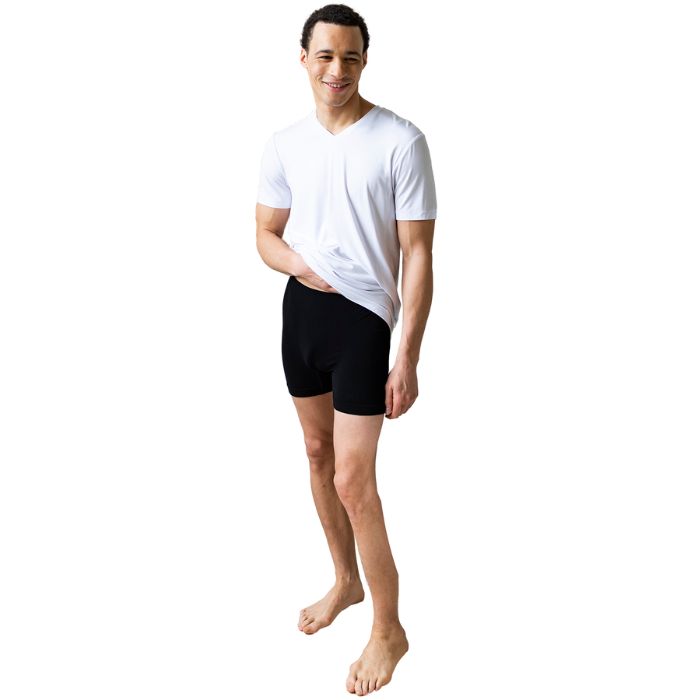 male model wearing black boxer briefs and white huron v-neck tee front view on white background