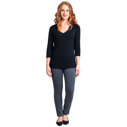 female model wearing mia black three quarter sleeve top and nadia granite grey pants front view on white background