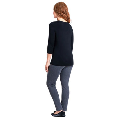 female model wearing mia black three quarter sleeve top and nadia granite grey pants back view on white background