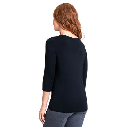 top of female model wearing mia black three quarter sleeve top back view of top on white background