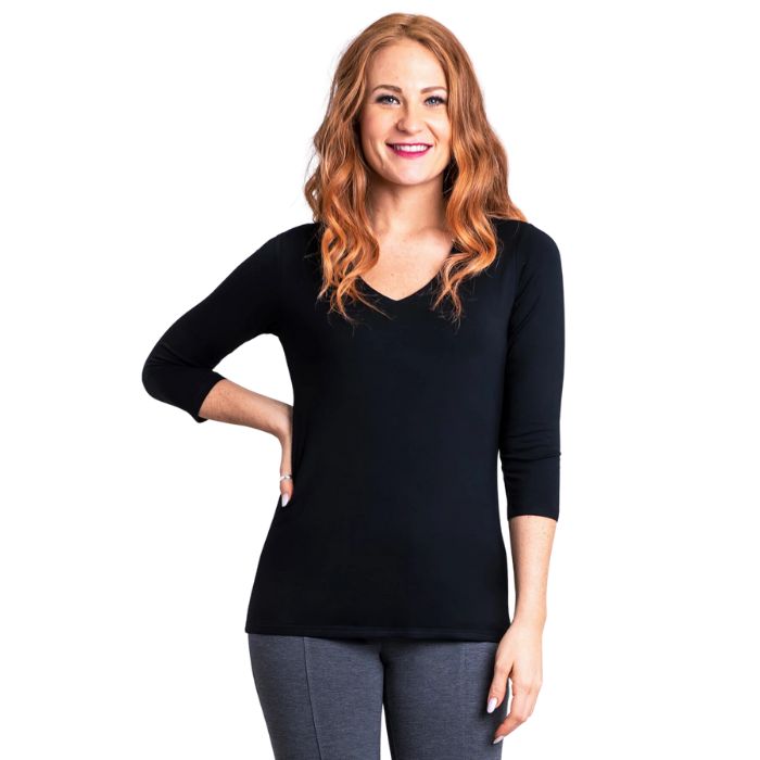 top of female model wearing mia black three quarter sleeve top front view of top on white background