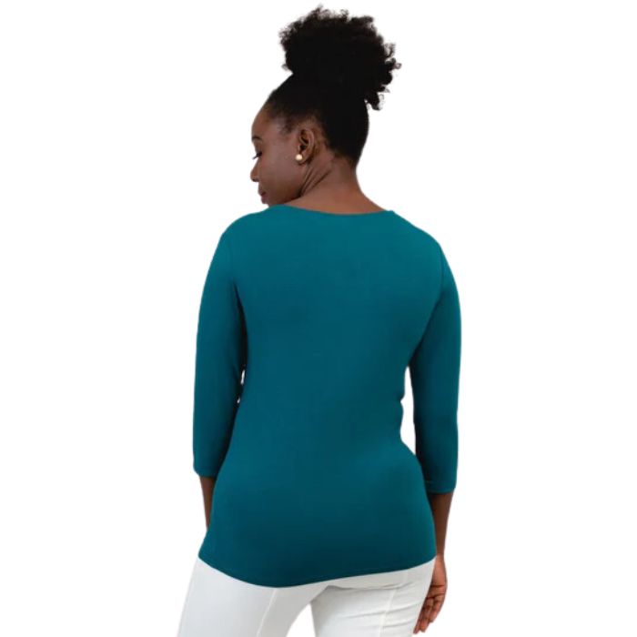 top half of female model wearing mia teal green three quarter sleeve top back view on white background