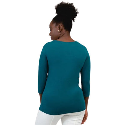 top half of female model wearing mia teal green three quarter sleeve top back view on white background