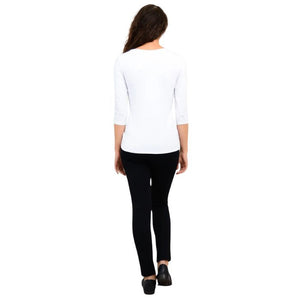 female model wearing mia white three quarter sleeve top and nadia black pants back view on white background