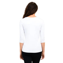 top half of model wearing mia white three quarter sleeve top back view of top on white background