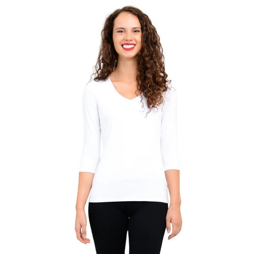 top half of model wearing mia white three quarter sleeve top front view of top on white background