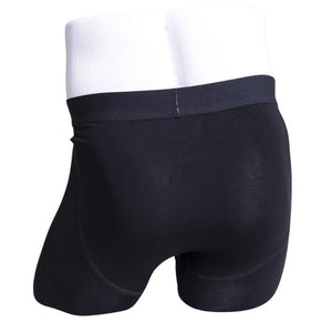 body of male mannequin wearing middle man black boxer brief undershorts back view on white background